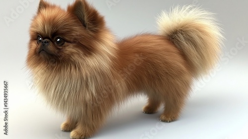Obraz na płótnie Fluffy brown and tan Pomeranian, side view, standing. Posed against white w salonie