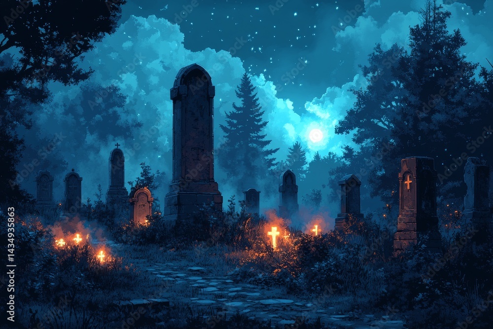 Fototapeta premium Night Cemetery, moonlit graves, mystical atmosphere, Halloween backdrop