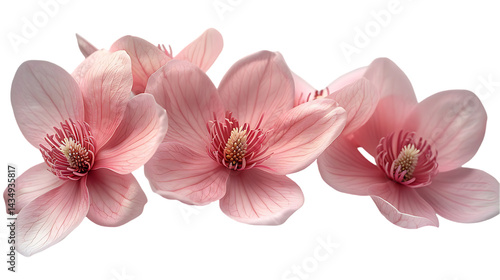 A white background with three pink orchid flowers arranged in a horizontal line. The flowers are the main focus, with emphasis on their delicate petals and intricate structure.