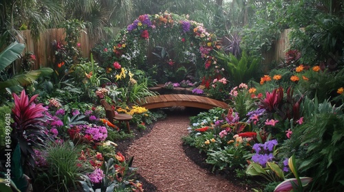 Vibrant flower garden with wooden bridge
