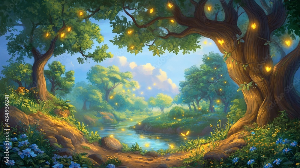 Enchanted forest glade, glowing with fireflies