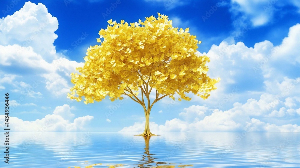 Golden tree reflecting on a serene water surface, against a vivid blue sky with fluffy clouds