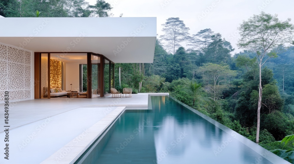 Fototapeta premium Modern luxury villa with infinity pool overlooking lush jungle