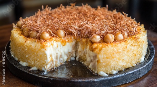 Obraz na płótnie A round cake with a crispy topping and chickpeas. A slice is taken out, revealing a creamy filling w salonie