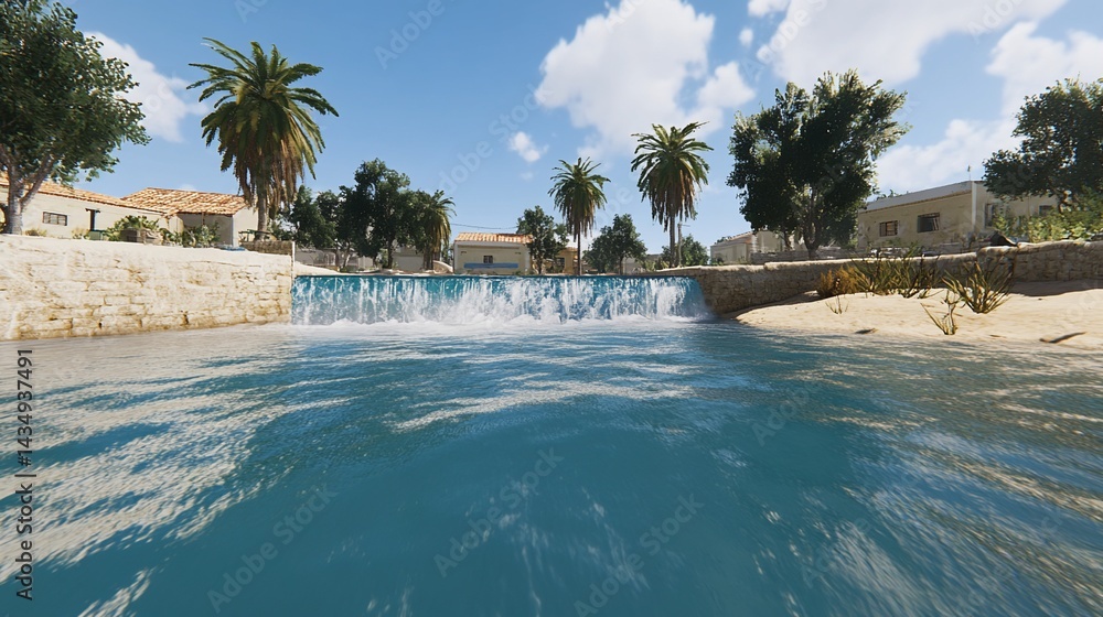 Serene waterfall cascading into a turquoise river, nestled amidst a Mediterranean village
