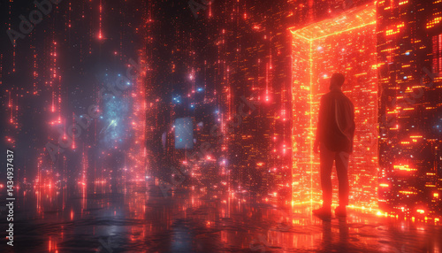 Virtual Reality Experience with Glowing Doorway and Digital Rain  