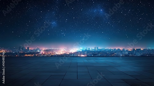 A flat rooftop platform with blue square tiles, overlooking a city skyline at night with twinkling lights in the distance, under a starry night sky, creating a serene and spectacular urban night scene