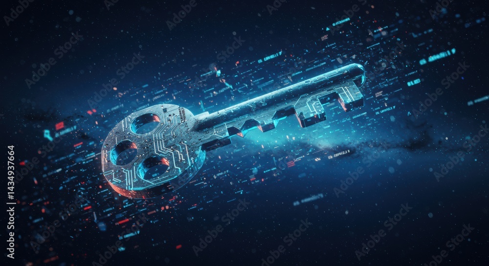 Digital key made of blue glowing particles floating in dark cyberspace, symbolizing data security and access Digital key made of blue glowing particles floating in dark cyberspace, symbolizing data security and access