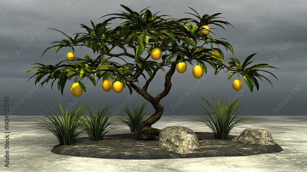 Golden fruit tree digital rendering, lush foliage, grey sky backdrop
