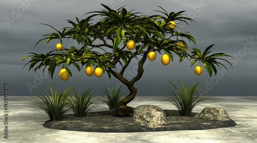 Obraz na płótnie Golden fruit tree digital rendering, lush foliage, grey sky backdrop w salonie