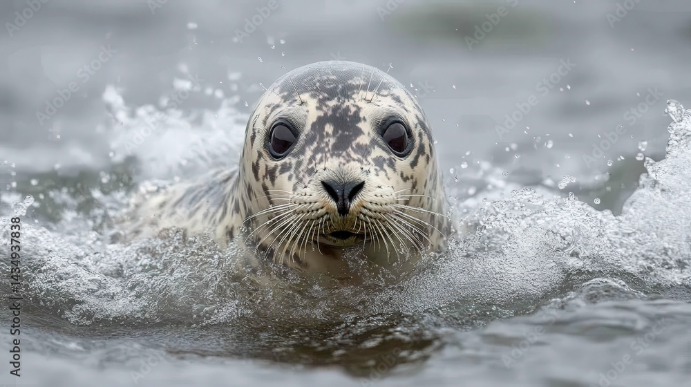 Obraz premium Close-up of a harbor seal emerging from water.