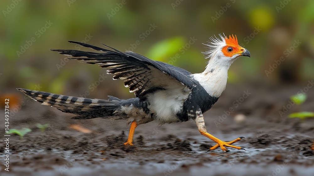 Obraz premium A vibrant, colorful bird in motion on a muddy ground.