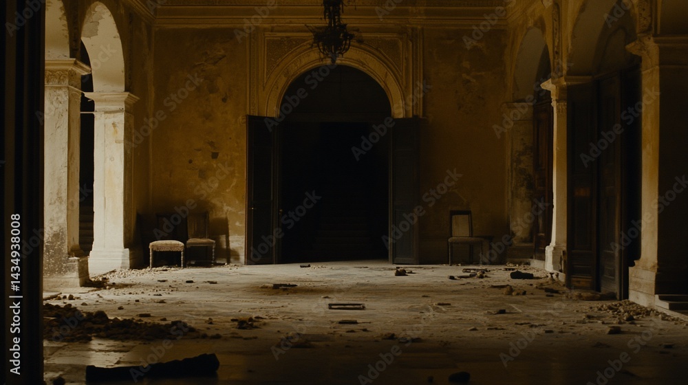 Desolate grand hall, crumbling grandeur