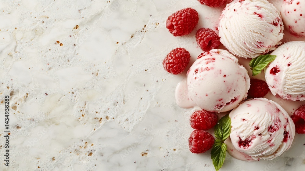 Raspberry ice cream scoops with fresh berries and basil on marble