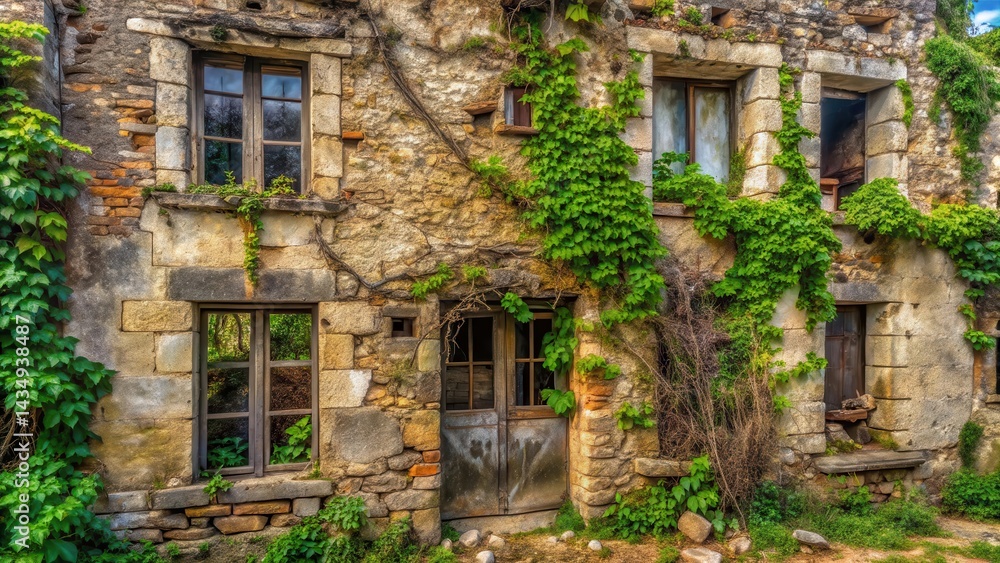 Obraz premium Weathered stone walls and broken windows on a dilapidated building with crumbling facade, overgrown with vines and moss , old building, neglect