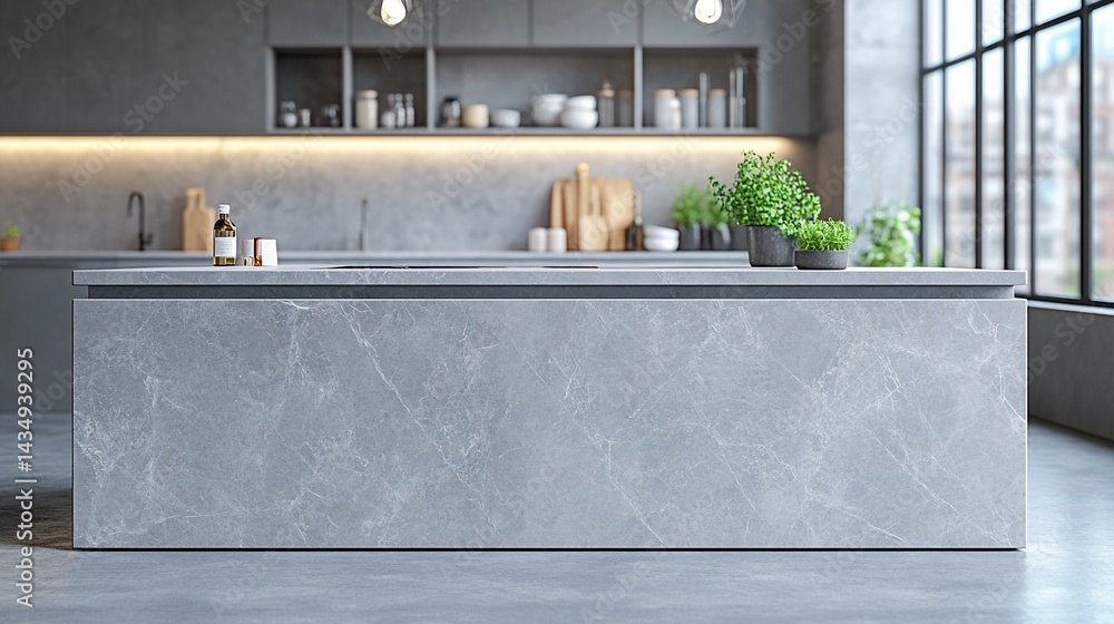 Modern kitchen island with grey marble countertop, open shelving, and large window