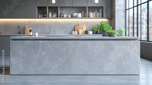 Obraz na płótnie Modern kitchen island with grey marble countertop, open shelving, and large window w salonie