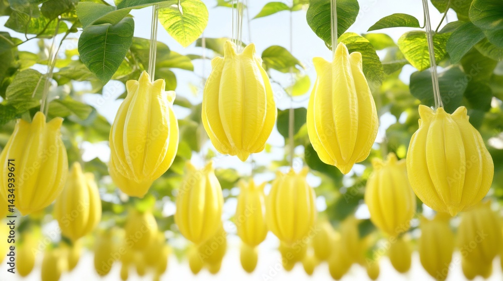 Bright yellow star fruit hanging from lush green vines