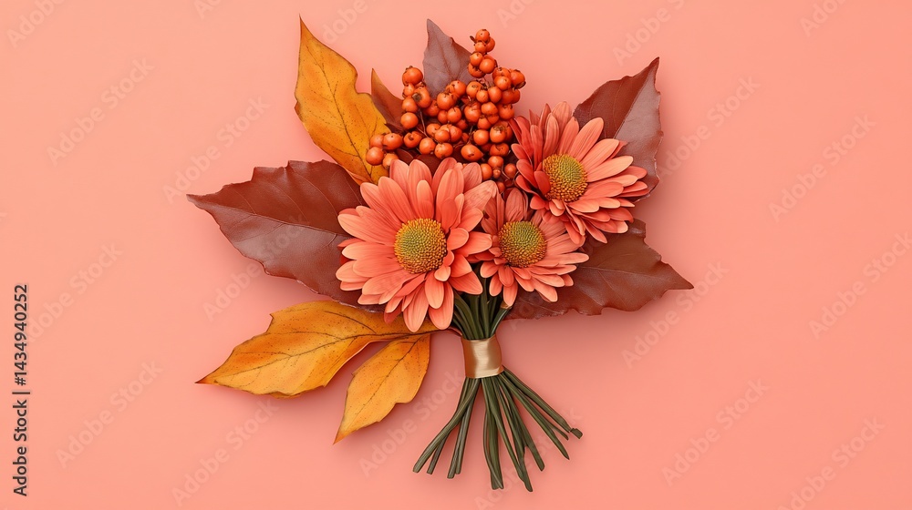 Autumnal bouquet with coral daisies, berries, and leaves on a pink background