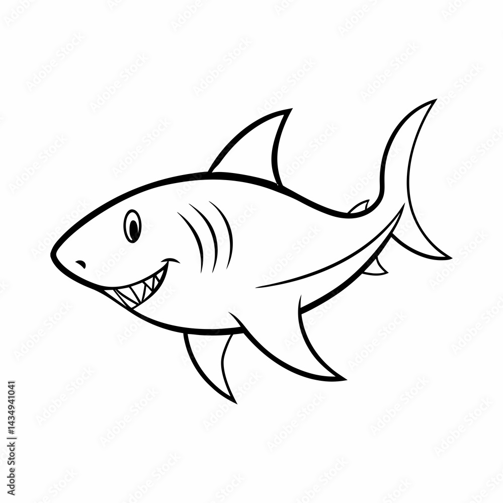 Fototapeta premium Shark seamless set on white background. Sketch of fish on white board. Line art of animal