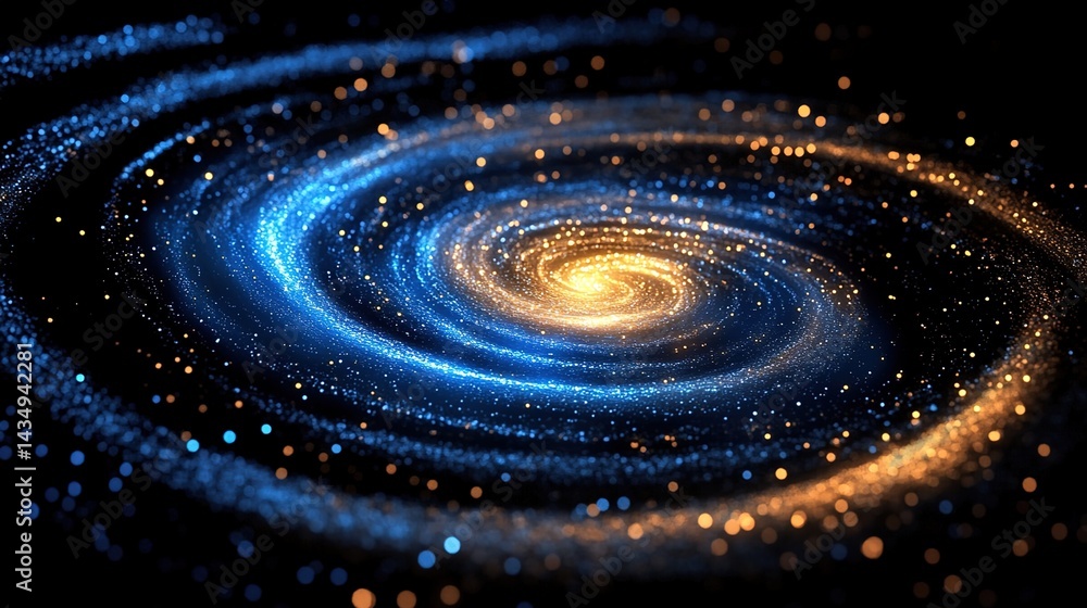 A spiral galaxy with a glowing golden core, blue spiral arms, and numerous golden stars in dark cosmic space. A spiral galaxy with a glowing golden core, blue spiral arms, and numerous golden stars in dark cosmic space.