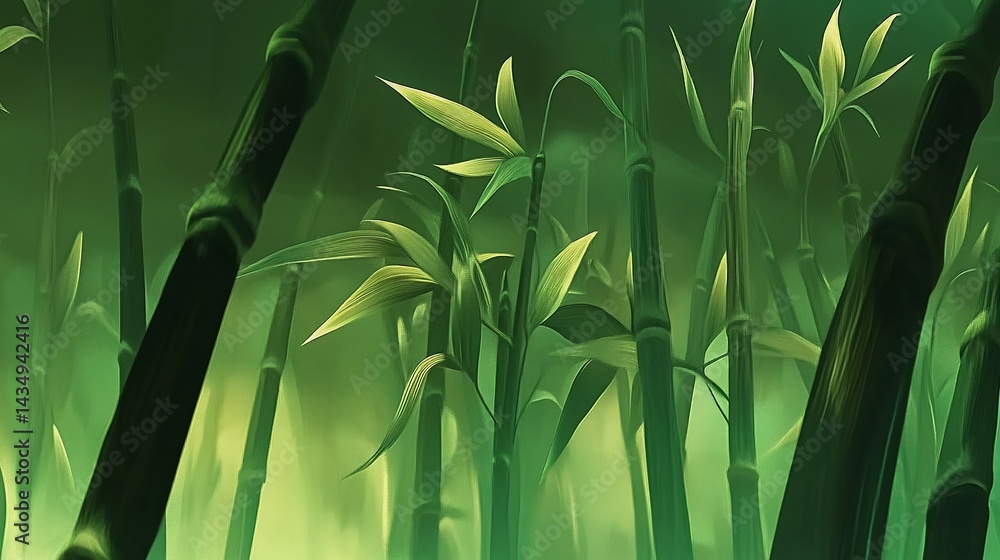 Lush green bamboo forest, misty atmosphere