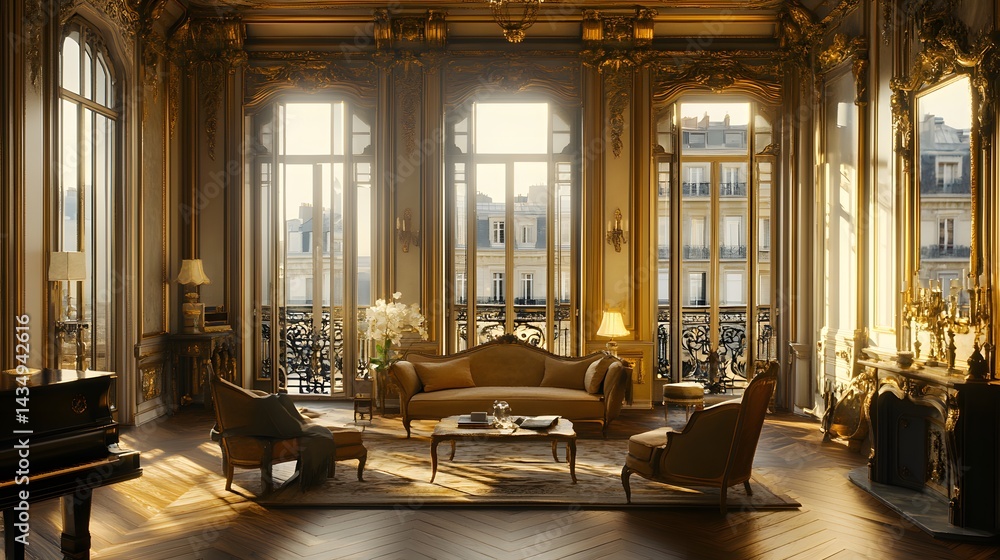 Fototapeta premium Grand Parisian Apartment: Sunlit living room in a luxurious Parisian apartment, featuring ornate architectural details, elegant furniture, and a stunning city view.