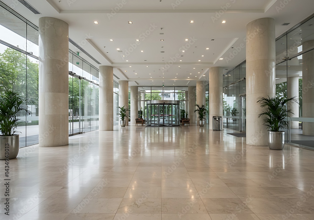 A spacious lobby with marble floors, large pillars, glass walls, and a revolving door entrance area A spacious lobby with marble floors, large pillars, glass walls, and a revolving door entrance area