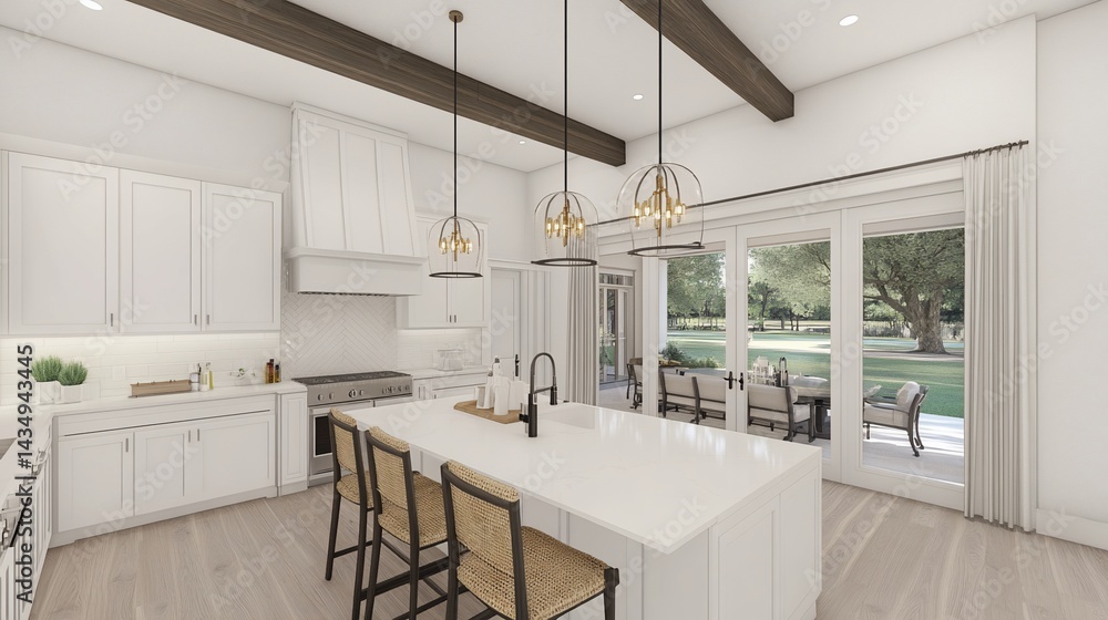 Bright kitchen with island, hardwood floors, and patio access