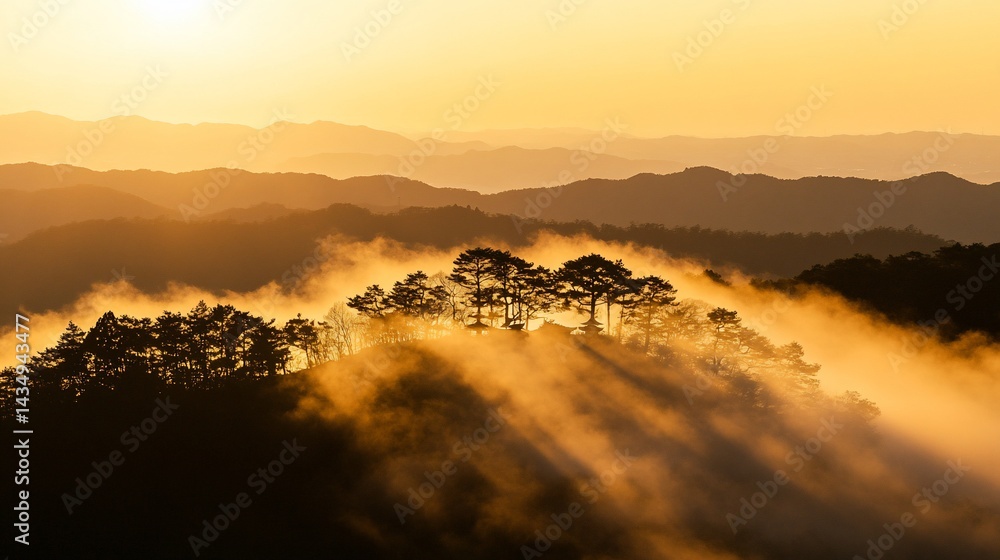 Sunlit mountaintop shrouded in mist at sunrise