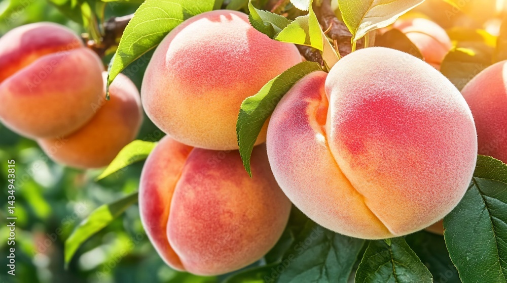 Ripe peaches on a tree branch, sunlit