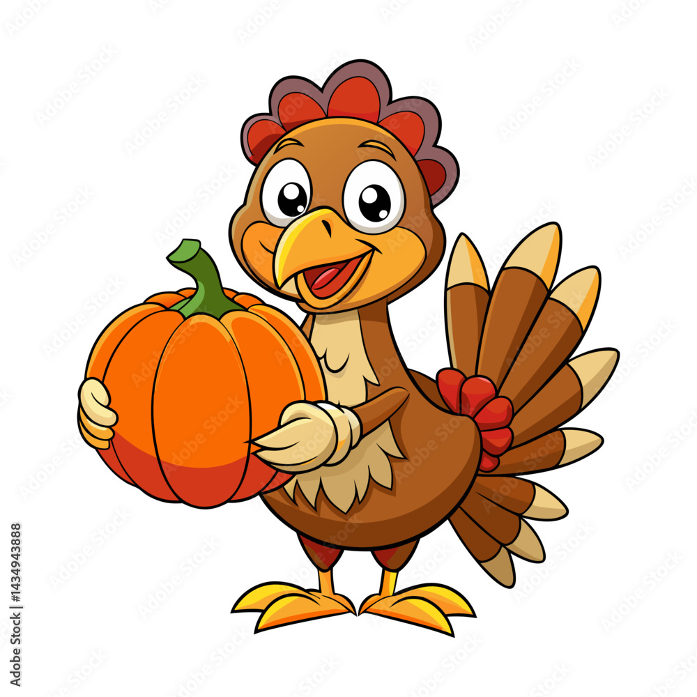 Naklejka premium Cartoon turkey holding huge pumpkin vector, grouped for easy editing