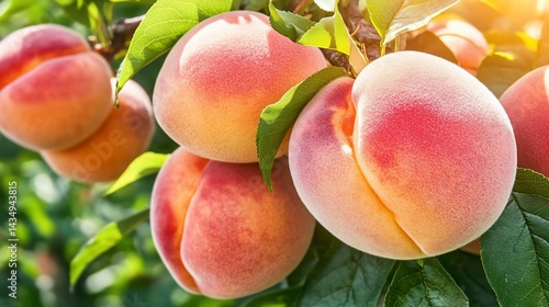 Obraz na płótnie Ripe peaches on a tree branch, sunlit w salonie