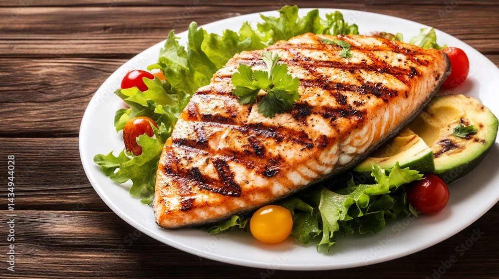 Grilled salmon with vegetables on a white plate, healthy food