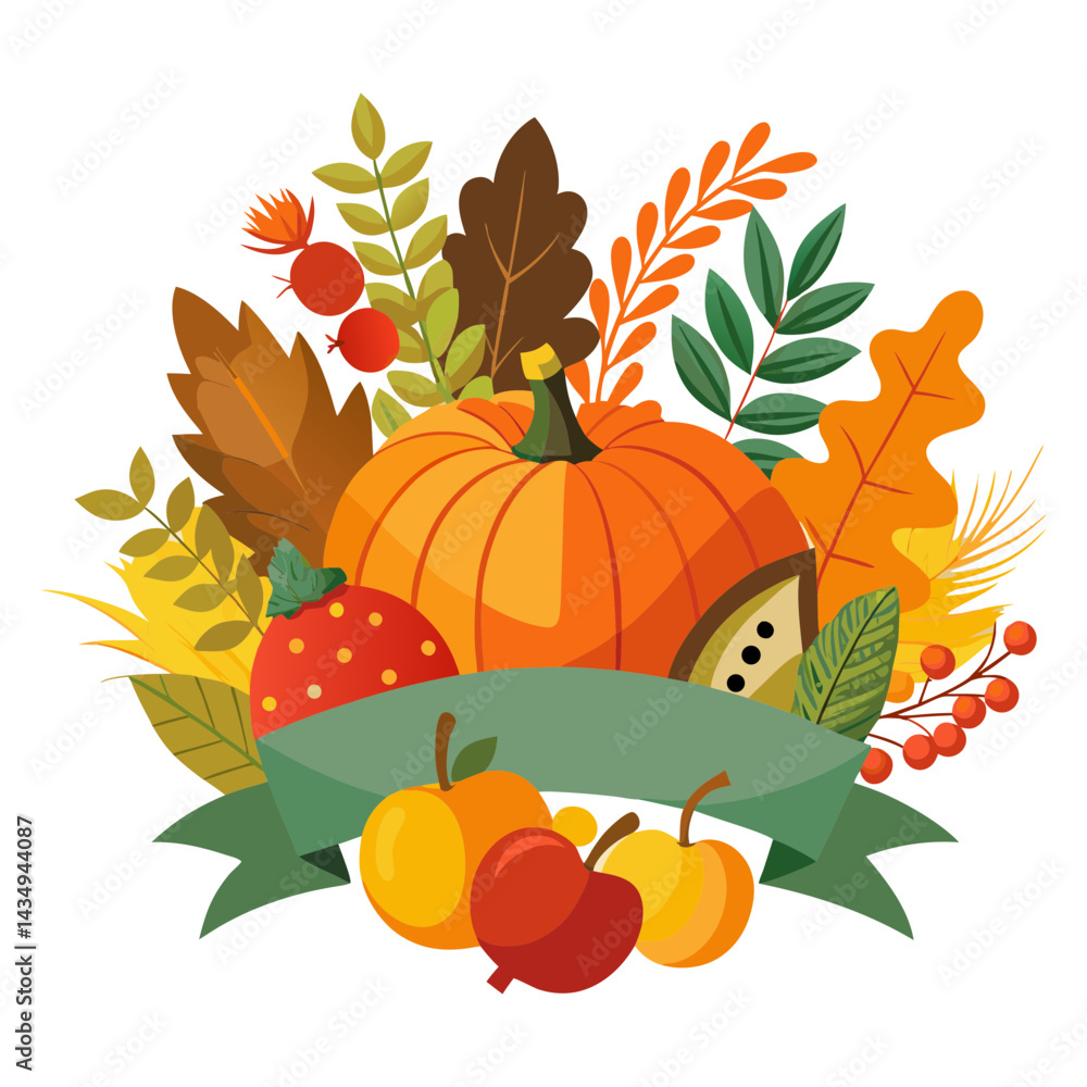 Naklejka premium Thanksgiving Cornucopia with fruit, berries and vegetable