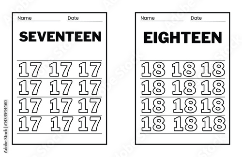 Number tracing practice worksheet with Worksheet for learning numbers. Number training writes and counts numbers. Exercises handwriting practice