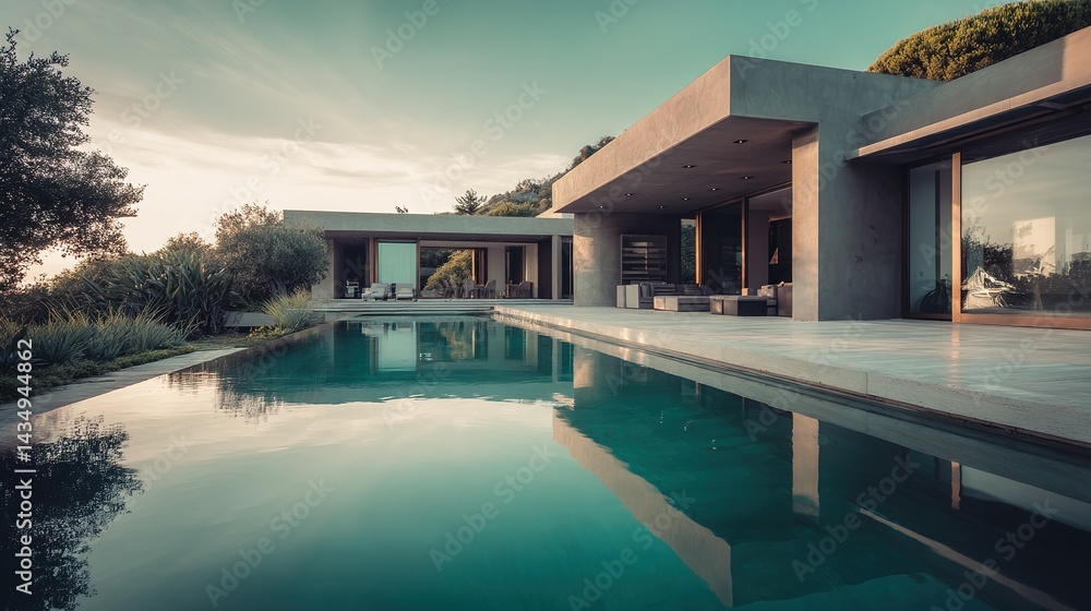 Fototapeta premium Modern residence with a tranquil pool and lush landscaping.