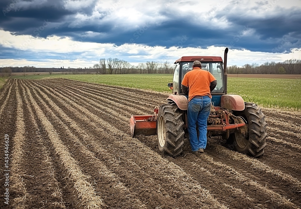Obraz premium A farmer driving a red tractor with large tires plowing soil in a field under cloudy sky and distant mountains.