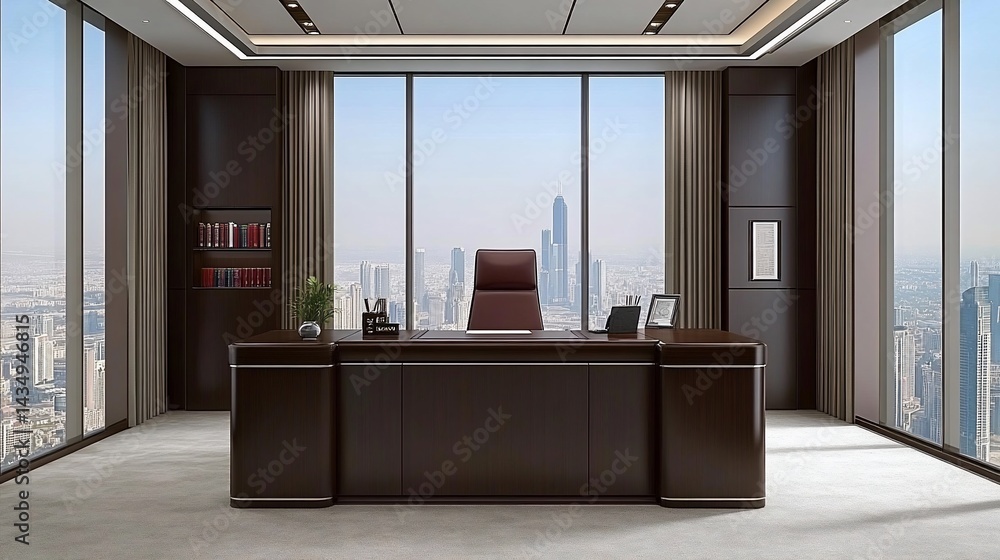 Modern executive office overlooking city skyline. Dark, sophisticated d?cor
