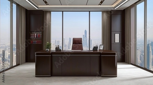 Obraz na płótnie Modern executive office overlooking city skyline. Dark, sophisticated d?cor w salonie