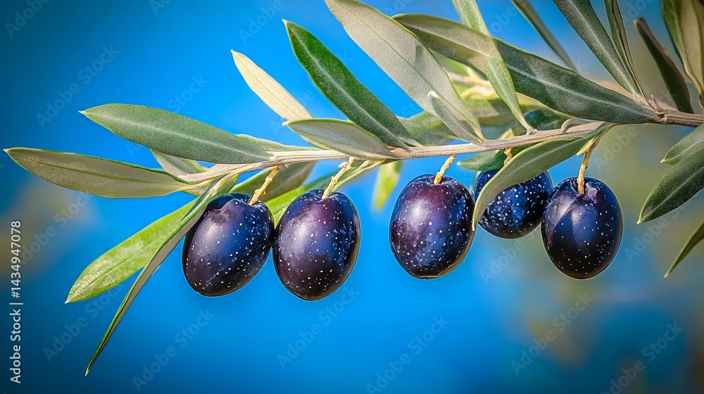 Dark, plump olives hang on a branch against a bright blue sky