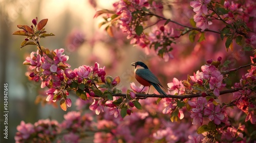 Spring garden scene with multiple hummingbirds darting between apple blossoms, mist rising from grass as first sunlight filters through orchard
