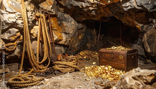 Wallpaper Mural Hidden Treasure in a Dark Cave Surrounded by Rocks and Old Ropes with a Chest Full of Gold Coins Torontodigital.ca