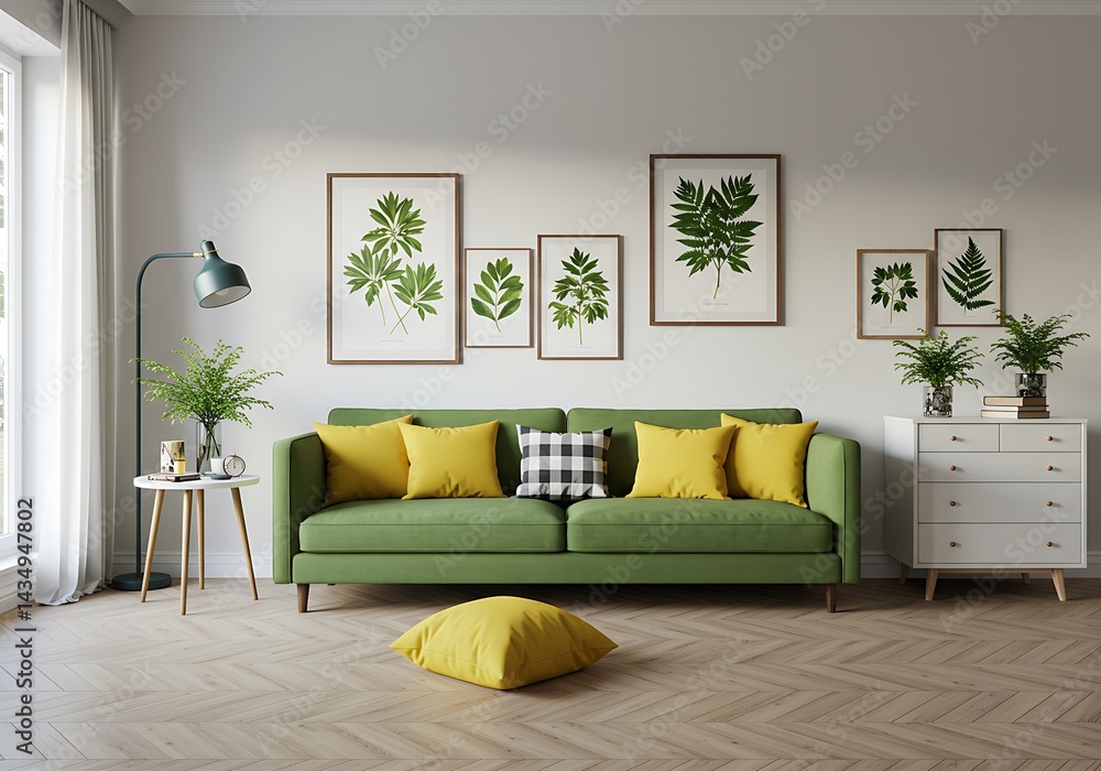 Fototapeta premium A living room featuring a green sofa, yellow pillows, and botanical art on the wall decoratively hung