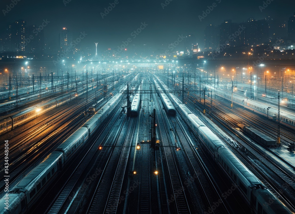 Obraz premium the vast high-speed rail yard, with many tracks crisscrossing each other and various trains moving on them