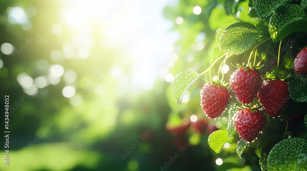 Sunlit strawberries glistening with dew on a leafy plant