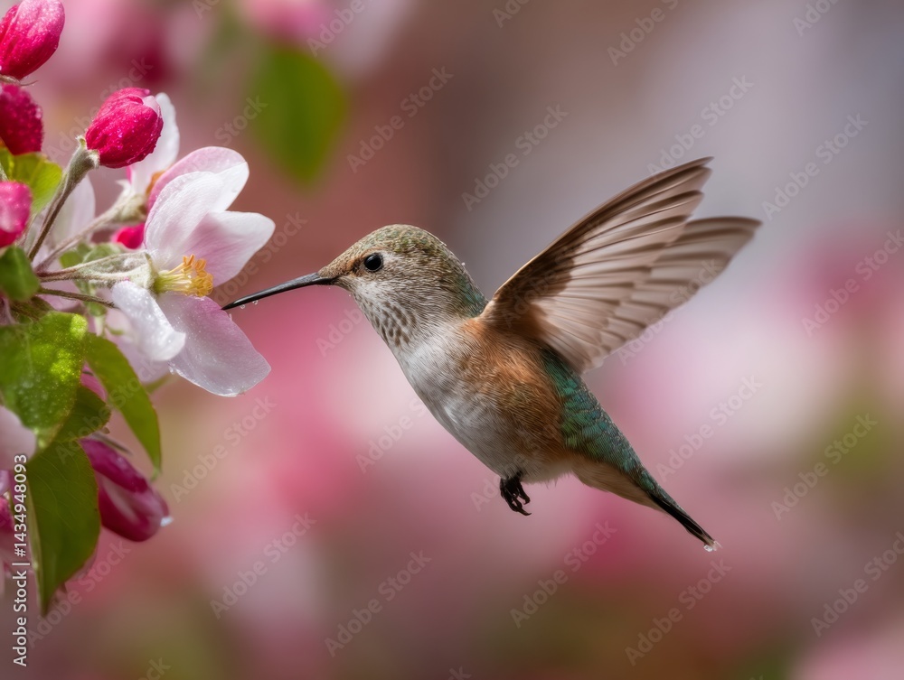 Fototapeta premium Spring garden scene with multiple hummingbirds darting between apple blossoms, mist rising from grass as first sunlight filters through orchard