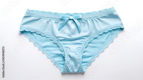 Women's underwear. Beautiful light blue panties isolated on white, top view