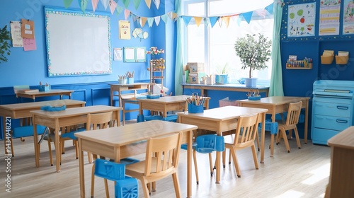 Obraz na płótnie Bright, airy classroom with small desks, chairs, and colorful decorations w salonie