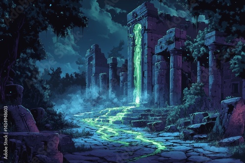 Nightfall, ancient ruins, glowing stream, forest. Game background
